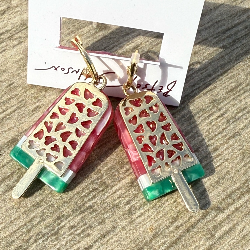NWT! Betsy Johnson Watermelon Stick Gold Heart Earrings - Picture 5 of 6